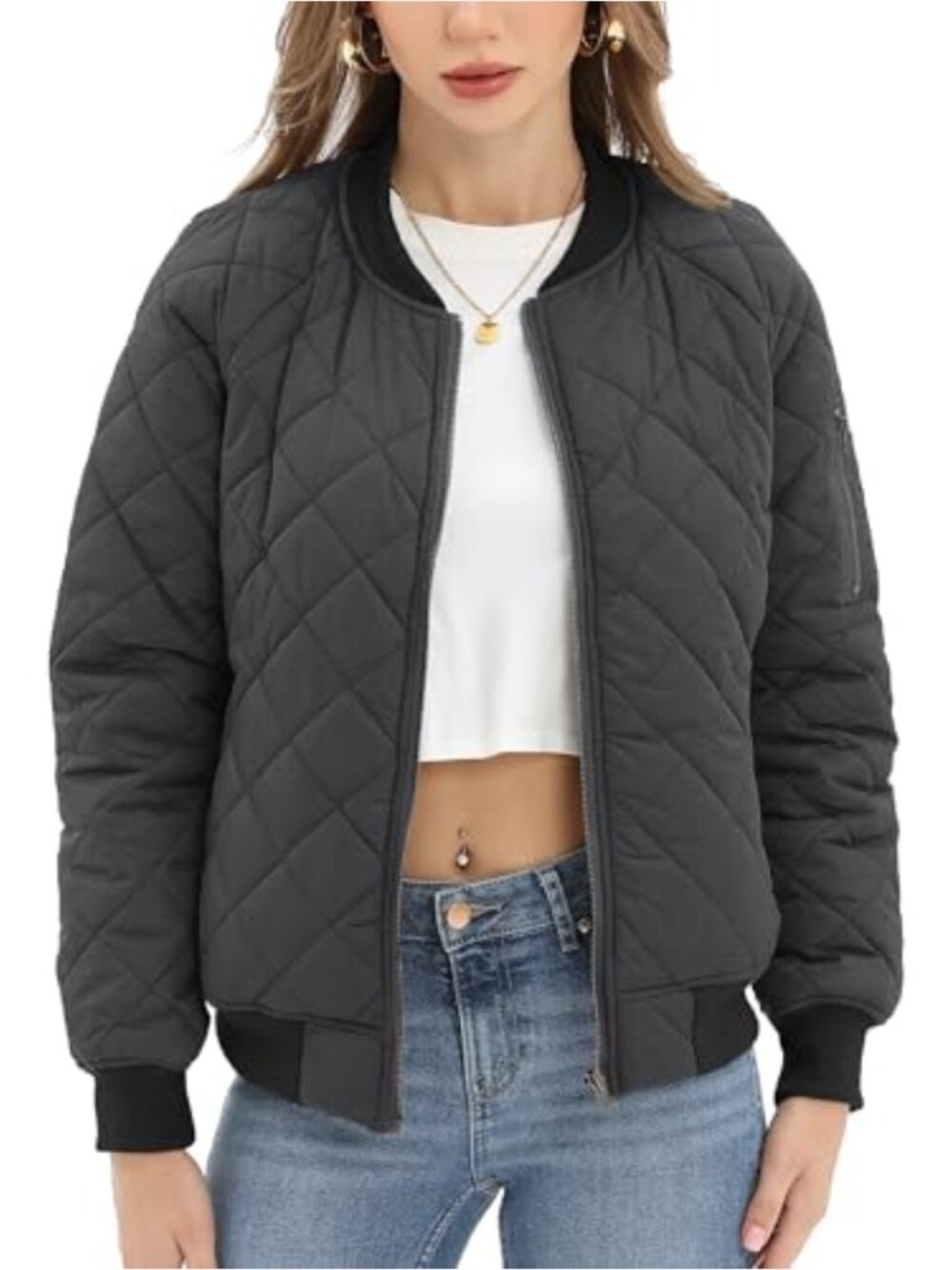Quilted Lightweight Bomber Jacket Zip Pockets Casual